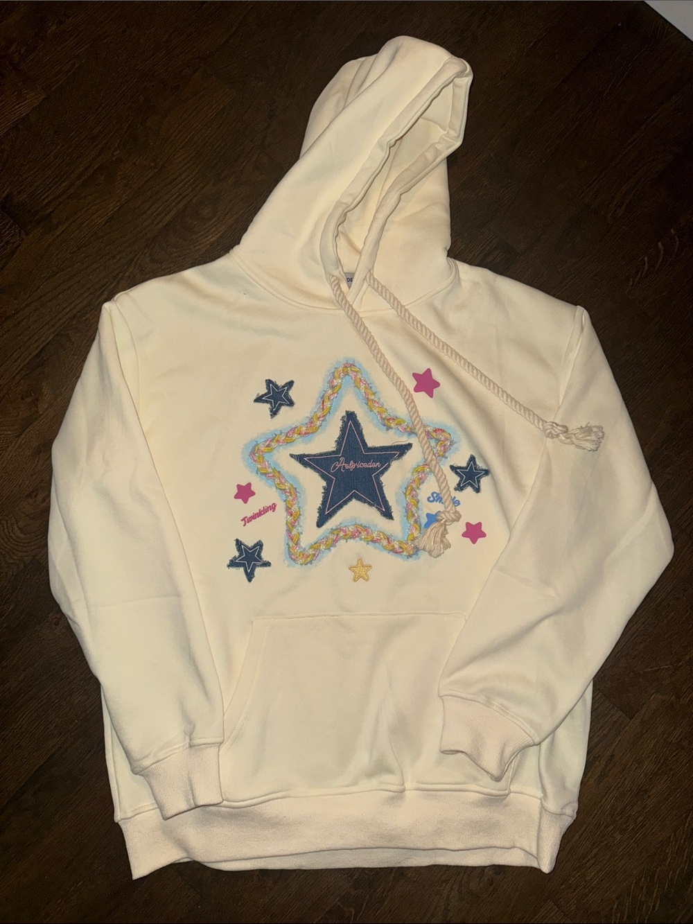 Cream Cowl-Neck Hoodie with Navy, Pink & Yellow Stars